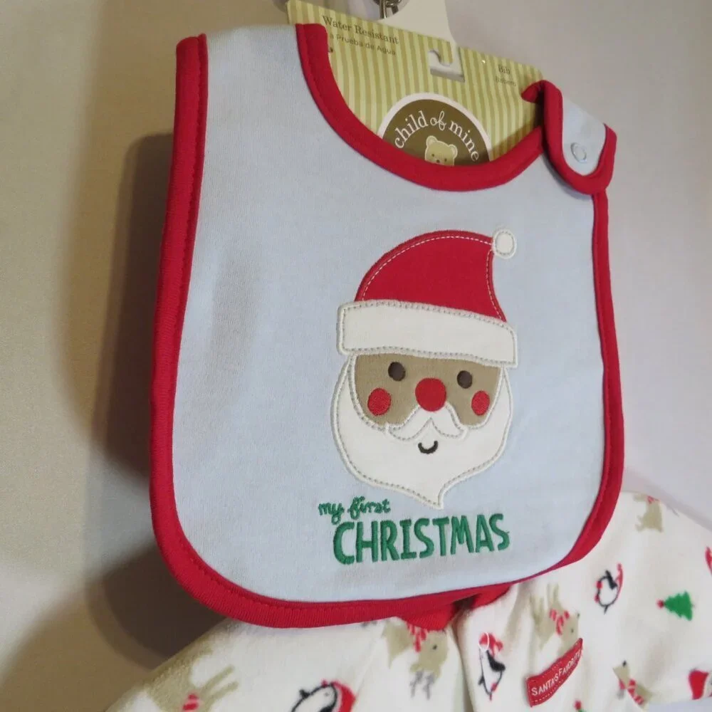 Baby Santa Christmas Footed Bodysuit Embroidered with Embroidered Bib